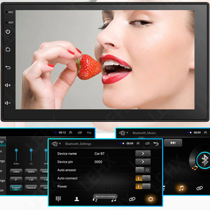 Multimedia player screen displaying a woman eating a strawberry with control interface below.