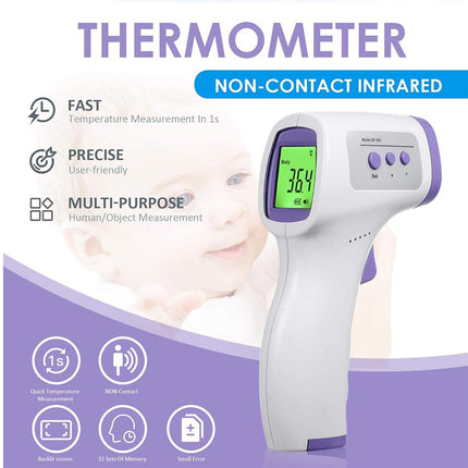Non-contact infrared thermometer with digital display on a white background