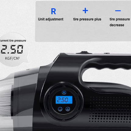 Black handheld tire pressure gauge and inflator device with a digital display, shown alongside an informational graphic explaining unit adjustment, tire pressure plus, and tire pressure decrease.