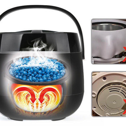 Black container with blue beads and a flame-like design, showing internal components on a white background.