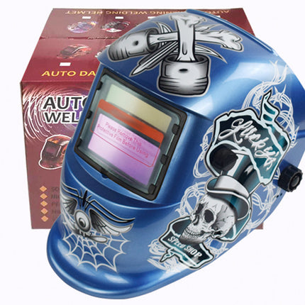 Welding helmet with decorative design on a white background