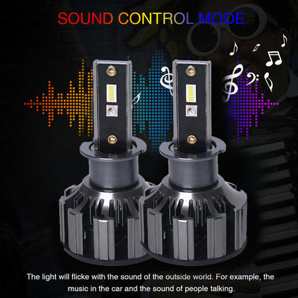 Two LED car headlight bulbs shown side by side on a dark graphic background with colorful soundwave and music note overlays, plus the text 'SOUND CONTROL MODE' and a descriptive caption about flickering light with car music and people talking.