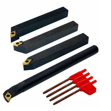 Set of black metal tools with red handles on a white background