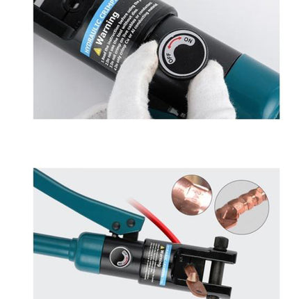 A teal and black hydraulic hand tool shown in two detail views on a light gray background. The top view shows a gloved hand adjusting a black dial labeled ON/OFF.