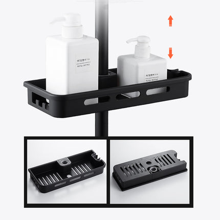 Black shower caddy with bottles on a white background