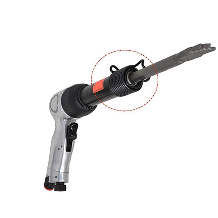 Pneumatic rivet gun with a close-up of the rivet head on a white background