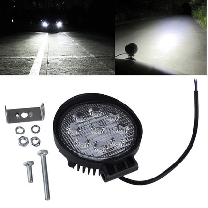 LED work light with installation parts and usage examples on a white background