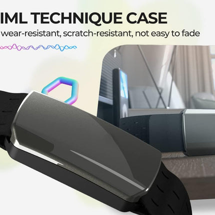 Smartwatch with IML technique case on a car dashboard background