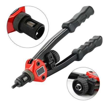 Red and black tool with close-up insets on a white background