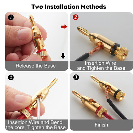 Step-by-step guide on how to install a gold-plated electrical connector with two methods shown.