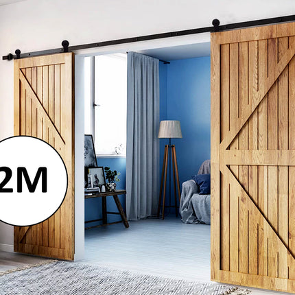 Wooden sliding barn doors with a measurement label in a modern interior setting.