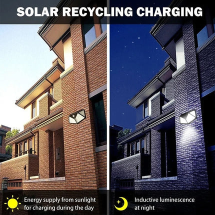 Two views of a building with solar panels, one during the day and one at night, labeled 'Solar Recycling Charging'.