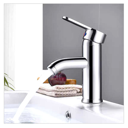 Chrome bathroom faucet on a sink with a neutral background