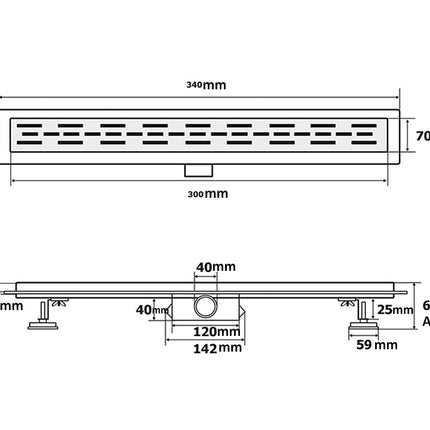 Technical drawing of a shower drain with dimensions labeled