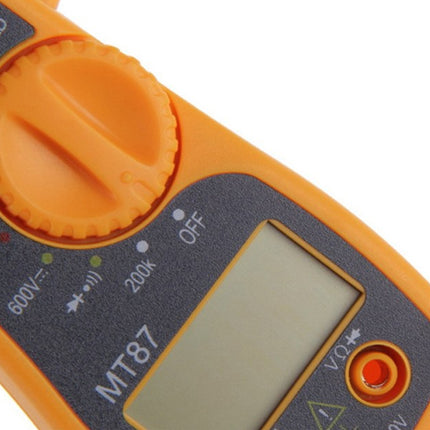 Orange multimeter with digital display on a white background