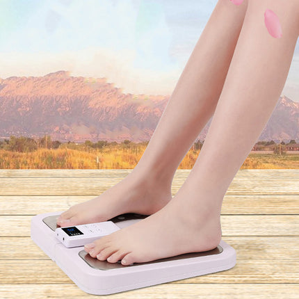 A person's bare feet standing on a white digital body scale placed on a wooden deck, with a scenic mountain landscape in the background.