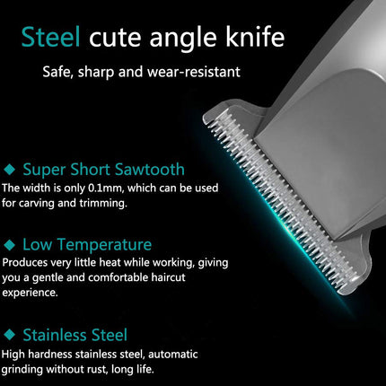 Hair trimmer with text highlighting features on a black background