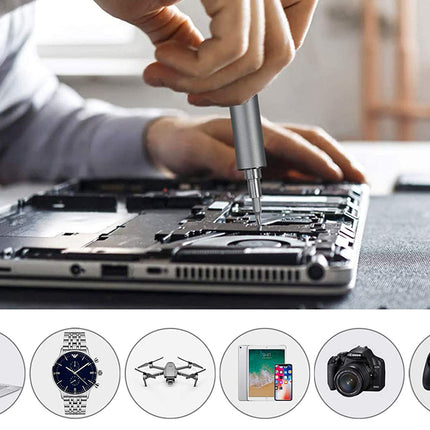 A close-up of a person using a silver screwdriver to work on the internal components of an open laptop on a dark workbench. Below the main photo, a row of circular icons shows compatible device types: a laptop, a wristwatch, a drone, a tablet and smartphone, a camera, and a game controller.