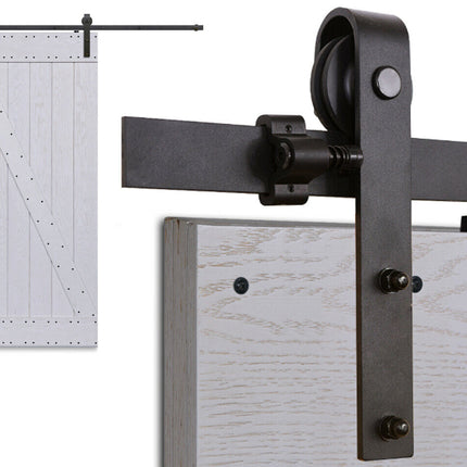 Barn door hardware with a sliding door on a white background