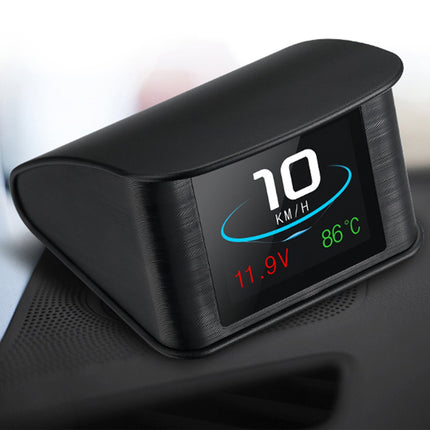 A black car dashboard display screen showing vehicle status information like speed, battery voltage, and temperature, mounted on a car console.