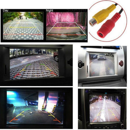 Collage of a car reverse camera system with day and night vision, and cable connectors.