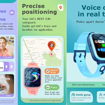 Smartwatch with features for video call, location tracking, and voice chat on a blue and green background.
