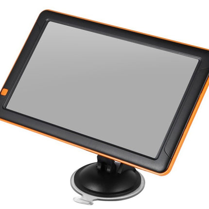 Portable GPS device with orange border and suction cup on a white background