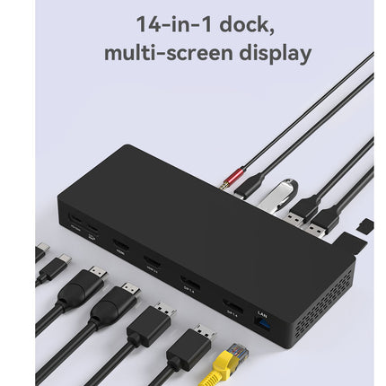 Black 14-in-1 dock with multiple cables on a light gray background