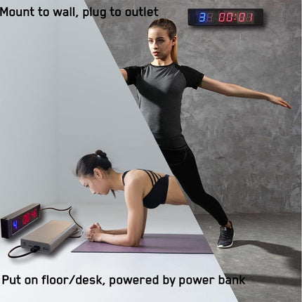 Woman exercising on a mat with electronic devices around her, including a power bank and digital clock.