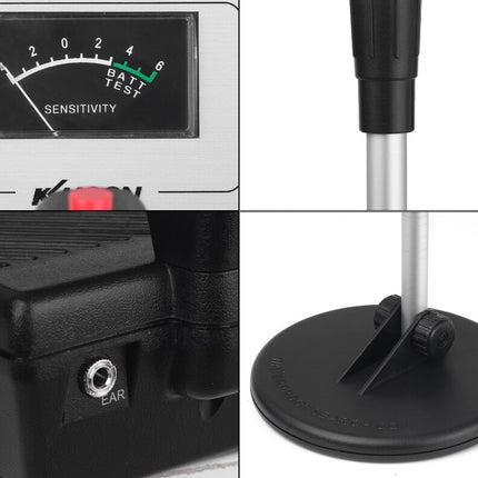 Close-up of a metal detector with sensitivity gauge, power switch, and stand.