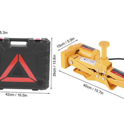 Car jack with black carrying case and dimensions displayed on a white background