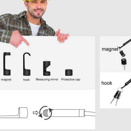 Person holding a diagram of a magnetic tool with labeled parts on a white background