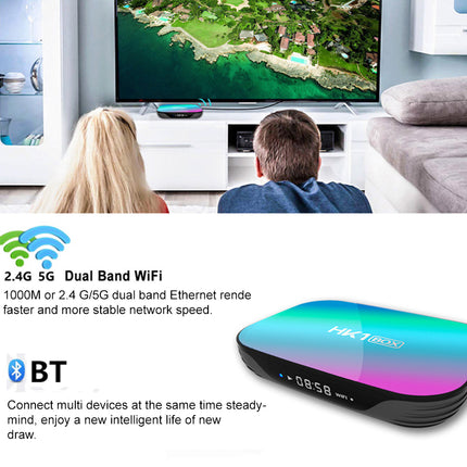 Smart TV box with 2.4G/5G dual band WiFi and BT connectivity, shown in a living room setting.