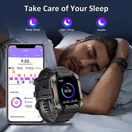 Smartwatch and smartphone displaying sleep tracking app with a person sleeping in the background.