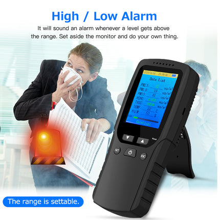 Black handheld device with digital display on a white background