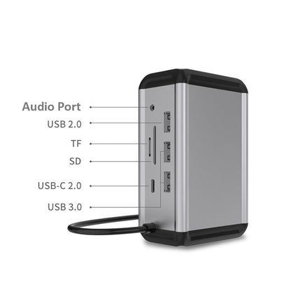 Multifunctional device with ports labeled on a white background