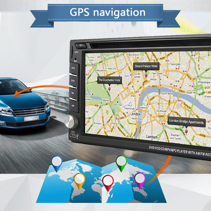 Car navigation system displaying a map with a blue car on a road.