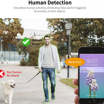Person walking a dog with a smartphone displaying an alarm app, emphasizing human detection feature.