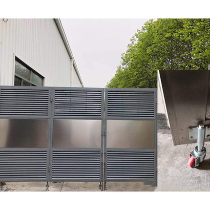 Metallic gate with a close-up of a wheel on a blurred background