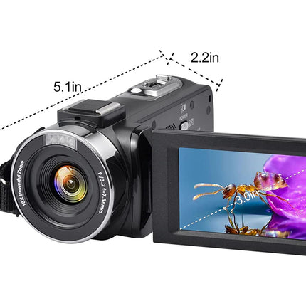 Digital camera with a screen displaying an ant and butterfly, showing dimensions on a white background.