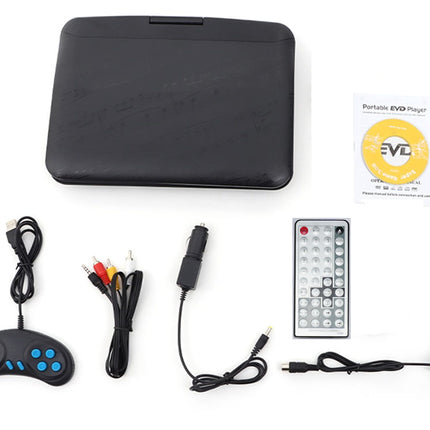 Portable DVD player with accessories on a white background