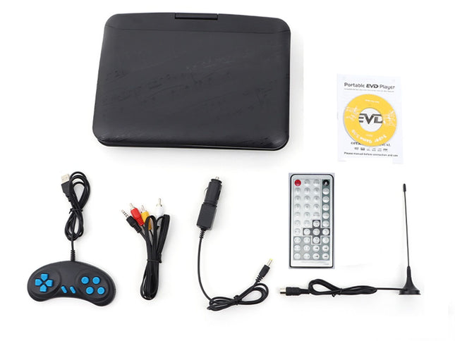 Portable DVD player with accessories on a white background