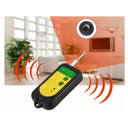 Wireless camera and remote control device with sound wave graphics on a white background