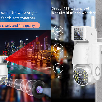 Outdoor security camera with features highlighted on a dark background