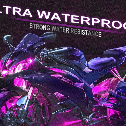 A sport motorcycle shown in a dark, rainy promotional graphic with large text reading 'ULTRA WATERPROOF' and 'STRONG WATER RESISTANCE.' The bike is rendered in glossy black with vivid magenta/purple lighting accents.