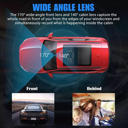 Car with wide-angle lens system showing front and rear views, with text explaining the feature.