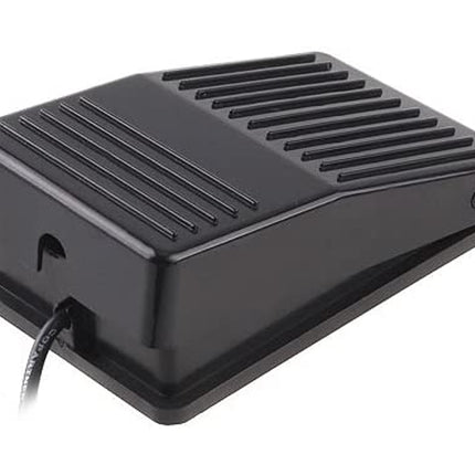 Black foot pedal with a cable on a white background