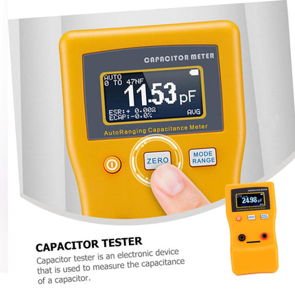 Capacitor tester with digital display on a white background
