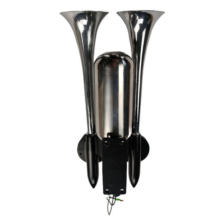 A dual horn vehicle air horn with two polished chrome flared horns and a central chrome cylinder mounted on a black metal bracket with wiring at the bottom.