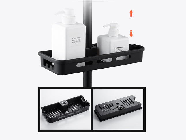 Black shower caddy with bottles on a white background